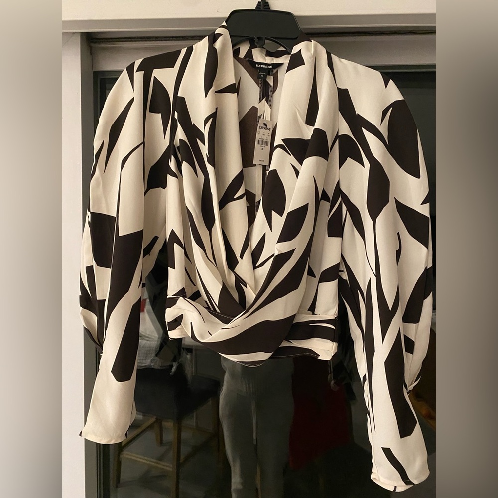 NWT Express black and white print crossover blouse